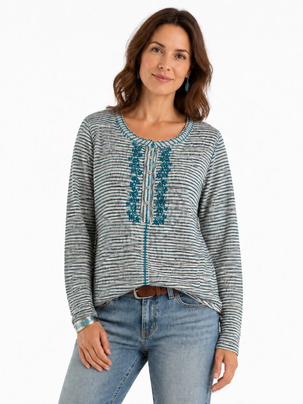 Sundance Blue Gray Striped Embroidered Cotton Henley Top Size M Casual